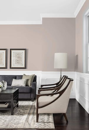 Living room painted with chapel stone beige and white paint 