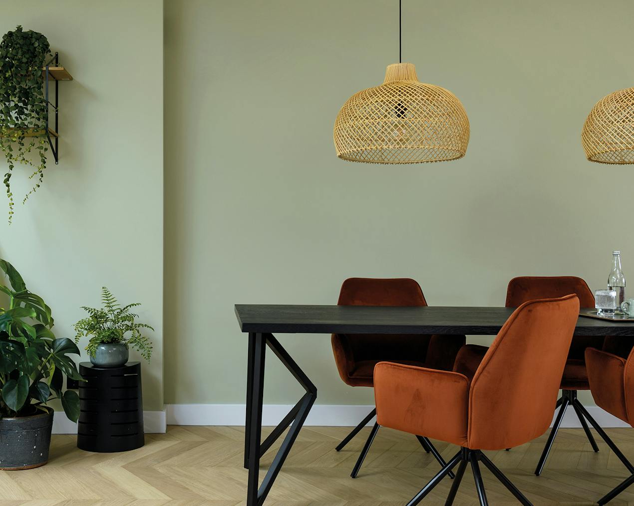 Dining room with neutral wall and black table